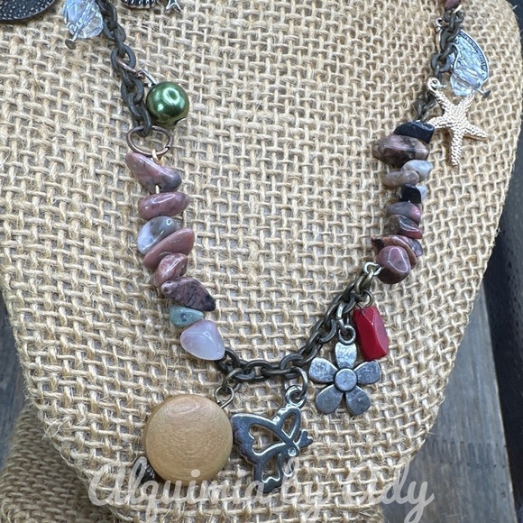 Rhodonite maxi nest charms brass silver statement chunky necklace - Picture 5 of 7